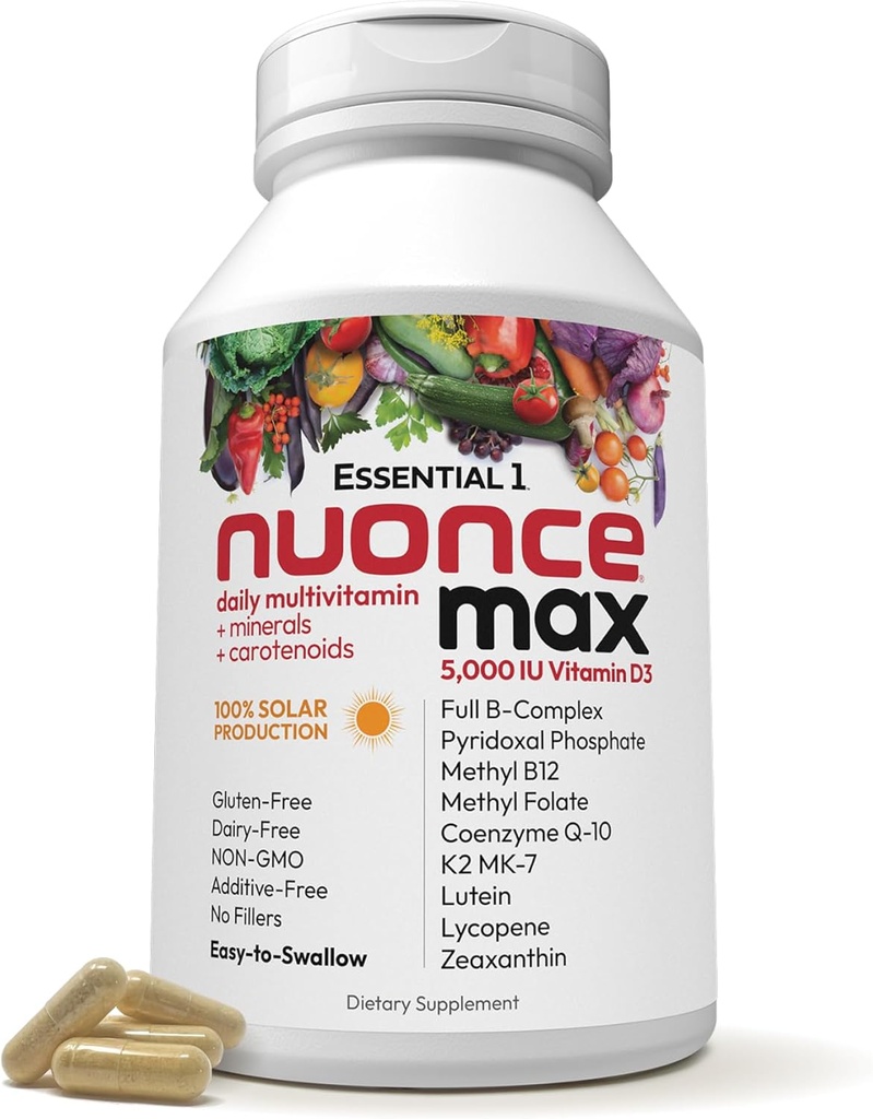 ANDREW LESSMAN Essential-1 nuonce max Multivitamin 5000 IU Vitamin D3 30 Small Capsules. 100 mcg Methyl B12. CoQ10 Lutein Lycopene Zeaxanthin. High Potency. No Additives. Ultra-Mild One Daily Capsule