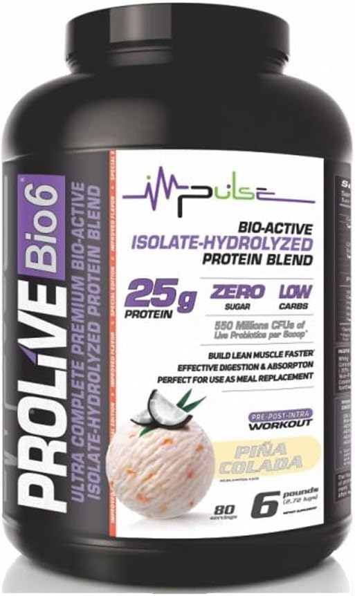 Prolive Bio6 Supplements 25gr of Ultra Complete Premium, Bio-Active, Isolate-Hidrolyzed Protein Blend with Whey Protein Concentrated, Low Carb, Zero Sugar and 5g BCC - Piña Colada Flavor - 6 LBS Total