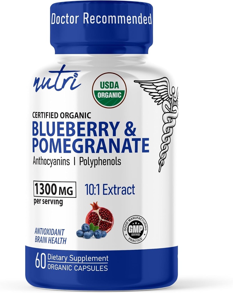 Nature's Fusions Nutri Organic Supplement 1300mg - with 800mg 10:1 Blueberry Extract & 500mg 10:1 Pomegranate Extract - USDA Organic - 60 Capsules