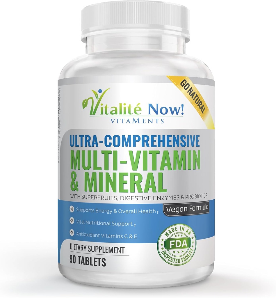 Vegan Whole Food Multivitamin & Mineral - Βιταμίνες A B1 B2 B6 B12 C D3 E & 110 Super Foods, Herbs, Greens & Reds - Ένζυμα & Προβιοτικά για την Ανοσολογική Υποστήριξη - Energy Boost - 90 Tablets