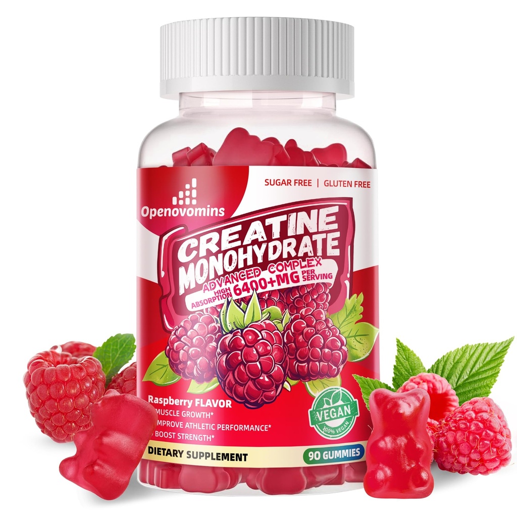 Creatine Monohydrate Gummies Complex 6400mg για άνδρες και γυναίκες -Προηγμένη Φόρμουλα W/L-Taurine + Βιταμίνη B12, Συμπλήρωμα χωρίς ζάχαρη μασώμενα, 90 Gummies σμέουρων
