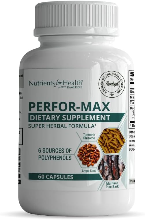 Rawleigh Perfor-Max 60 Κάψουλες: Βότανο συμπλήρωμα με 6 Πηγές Πολυφαινόλες όπως Σπόροι σταφυλιού, Pine Bark, Turmeric, Πράσινο Τσάι, Hawthorn & Δενδρολίβανο Εκχυλίσματα για την Υγεία της Καρδιάς & Ανοσία, Χωρίς Γλουτένη