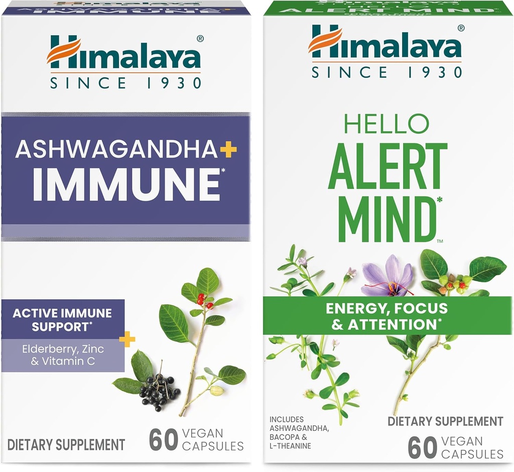 Himalaya Ashwagandha +Immune with Vitamin C for Active Immune Support & Hello Alert Mind for Energy, Focus & Attention, 60 Capsules Each - Bundle