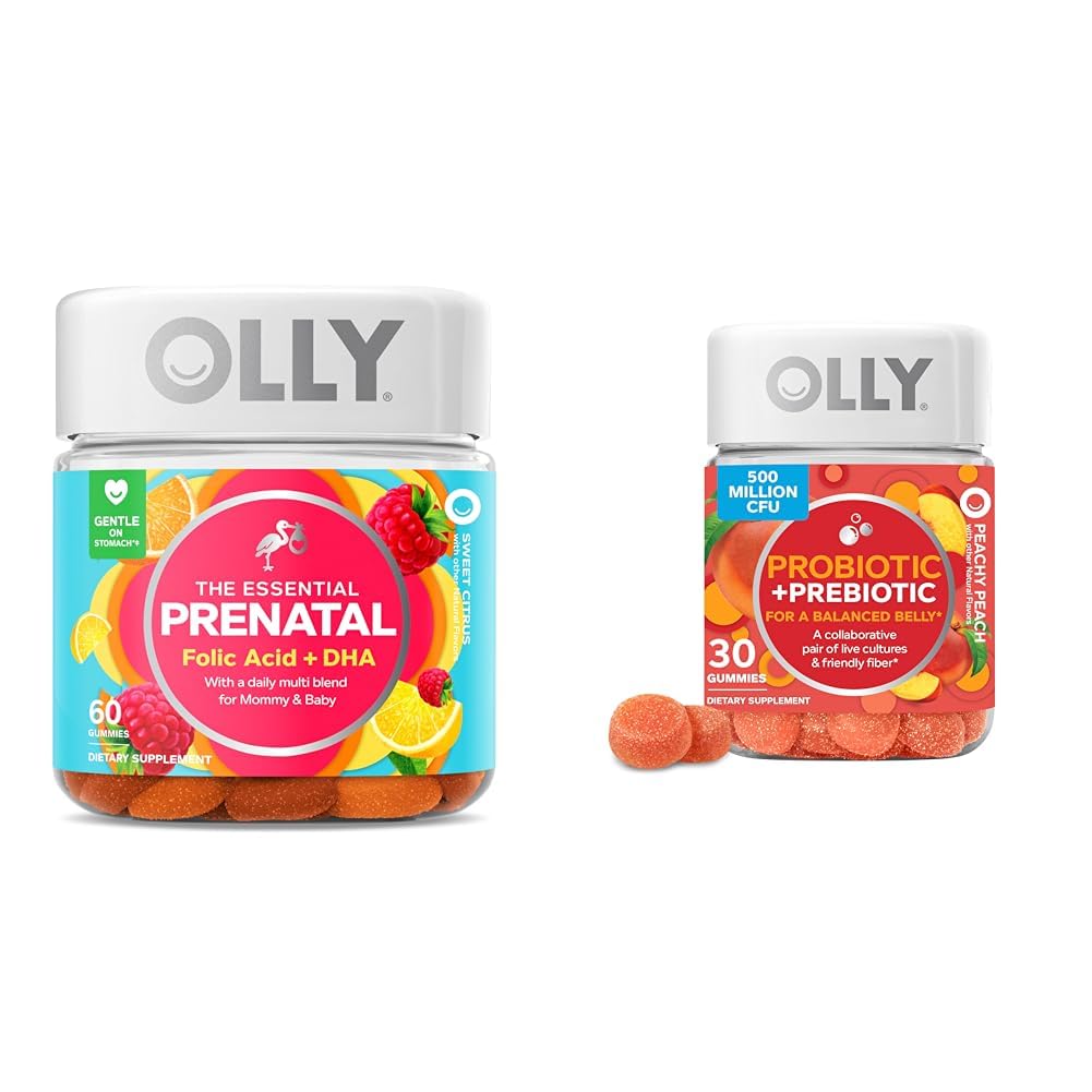 OLLY η απαραίτητη προγεννητική Gummy πολυβιταμίνη, 30 ημέρες εφοδιασμού (Gummys), γλυκό, φολικό οξύ & προβιοτικό + προβιοτικό Gummy, Digestive υποστήριξη και υγεία των ούλων, 500 εκατομμύρια CFUs, Fiber