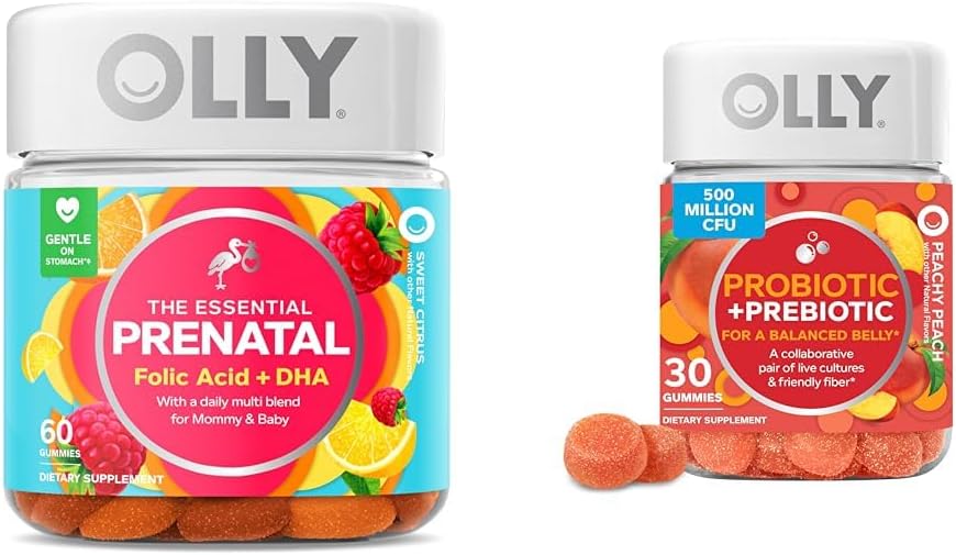 OLLY The Essential Prenatal Gummy Multivitamin, 30 Day Supply (Gummies), Sweet, Folic Acid & Probiotic + Prebiotic Gummy, Digestive Support and Gut Health, 500 Million CFUs, Fiber