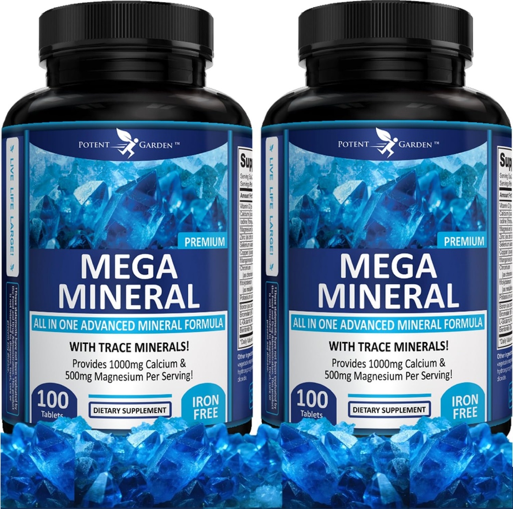 Ισχυρός κήπος 2-πακέτο Mega Mineral συμπλήρωμα πλήρες ορυκτό σύμπλεγμα με ασβέστιο μαγνήσιο κάλιο βόριο σελήνιο Χρώμιο & 72 ίχνη Ορυκτά Ασβέστιο χωρίς σίδηρο συμπλήρωμα -200 χάπια