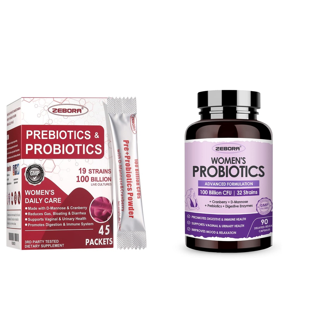 ZEBORA Probiotics-for-Women 100-Billion-CFUs με προβιοτικά, D-Mannose & Cranberry για Digestive, Immune, Γυναικείο UT Health Support, Ultimate Probiotic Women's Care, Soy & Gluten Free, 45 Πακέτα