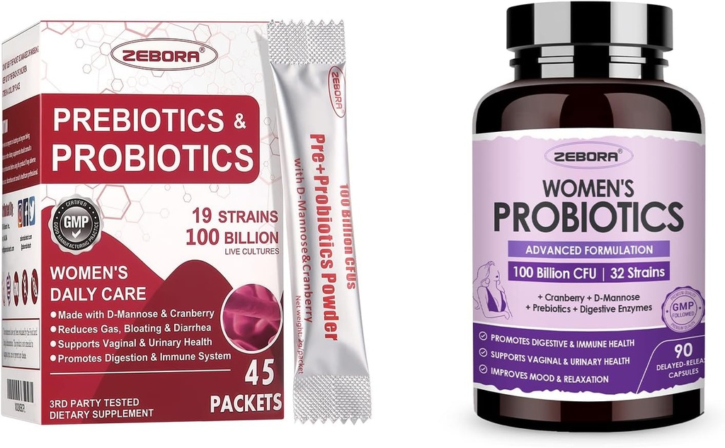 ZEBORA Probiotics-for-Women 100-Billion-CFUs με προβιοτικά, D-Mannose & Cranberry για Digestive, Immune, Γυναικείο UT Health Support, Ultimate Probiotic Women's Care, Soy & Gluten Free, 45 Πακέτα
