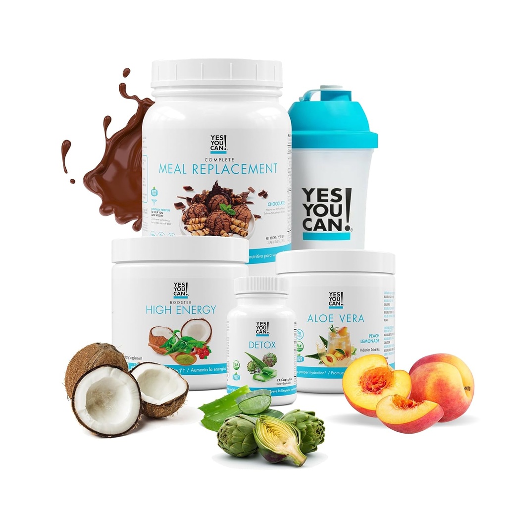 Detox Plus Kit (Σοκολάτα αντικατάστασης γεύματος, Aloe Vera Peach Lemonade) - Πλήρης Αντικατάσταση γεύματος σκόνη, υψηλής ενέργειας Shake Booster, συμπλήρωμα Aloe Vera Detox, Μετασχηματισμός υγείας