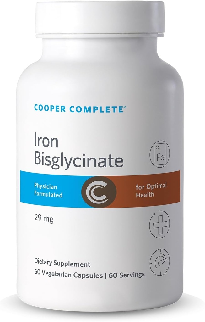 Cooper Πλήρης διγλυκινικός σίδηρος. 29mg ανά δισκίο. 60 κάψουλες ανά φιάλη. Συσκευασία του 1