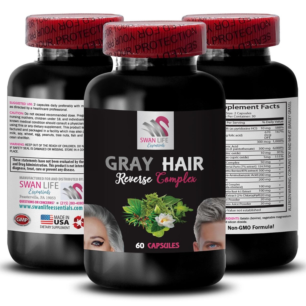 Gray Hair Supplement - GRAY HAIR REVERSE - αναζωογόνηση μαλλιών, έντονο χρώμα μαλλιών, φυσική λάμψη, δυναμικό χρώμα, ανανεωμένη εμφάνιση μαλλιών, λάμψη μαλλιών, φρέσκο δονητή, χρώμα re-energizer 1Bot 60Caps
