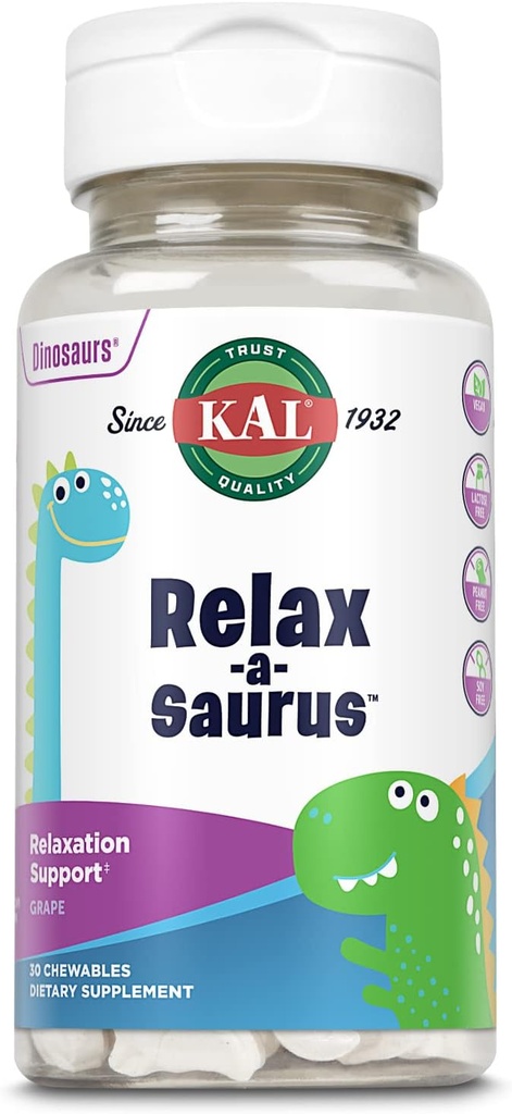 KAL Relax-a-Saurus, συμπλήρωμα υποστήριξης στρες για τα παιδιά, L-Θεανίνη για τα παιδιά με βοτανικό στρες ανακούφιση & χαλάρωση & ανάμειξη, νοστιμότατο φυσικό άρωμα σταφυλιού, 60 ημερών εγγύηση, 30 μάσημα