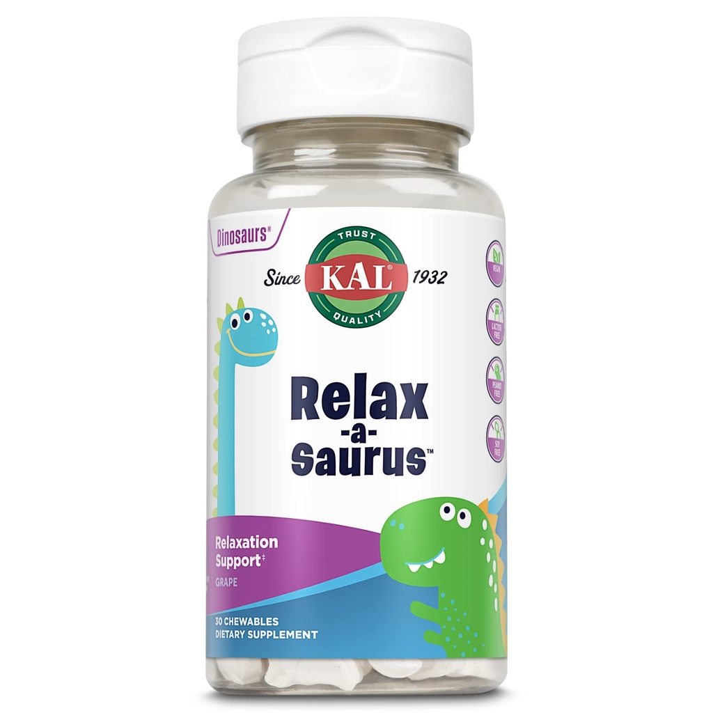 KAL Relax-a-Saurus, συμπλήρωμα υποστήριξης στρες για τα παιδιά, L-Θεανίνη για τα παιδιά με βοτανικό στρες ανακούφιση & χαλάρωση & ανάμειξη, νοστιμότατο φυσικό άρωμα σταφυλιού, 60 ημερών εγγύηση, 30 μάσημα