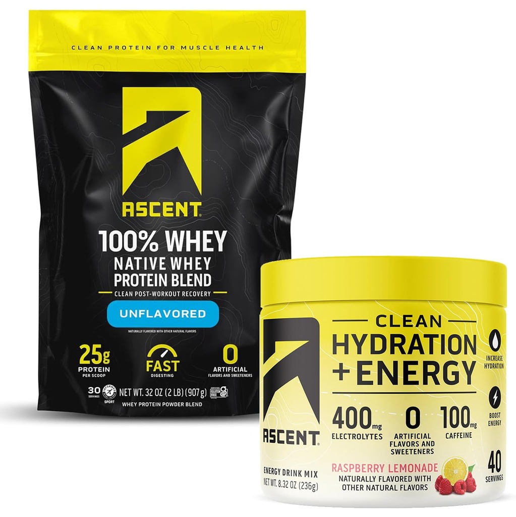 Άνοδος 100% Whey Protein Powder, Unflaved 2 LB & Hydration + Ηλεκτρολύτες ενέργειας, Λεμονάδα σμέουρων 40 Σερβίρει
