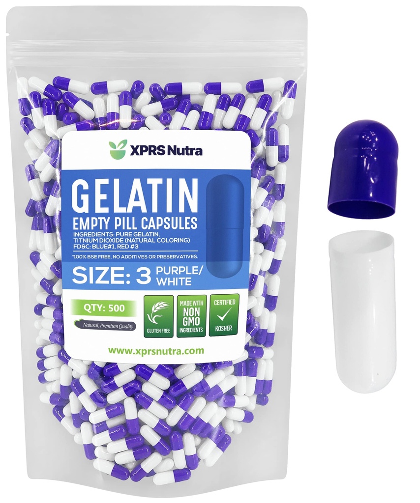XPRS Nutra Μέγεθος 3 Κενές κάψουλες - 500 Count Empty Gelatin Κάψουλες - Χάπια DIY Καψάκιο Γέμισμα - Καθαρά Καπάκια τζελ Μπόβιν Χάπι για Συμπληρώματα Do-It-Yourself (Purple/White)