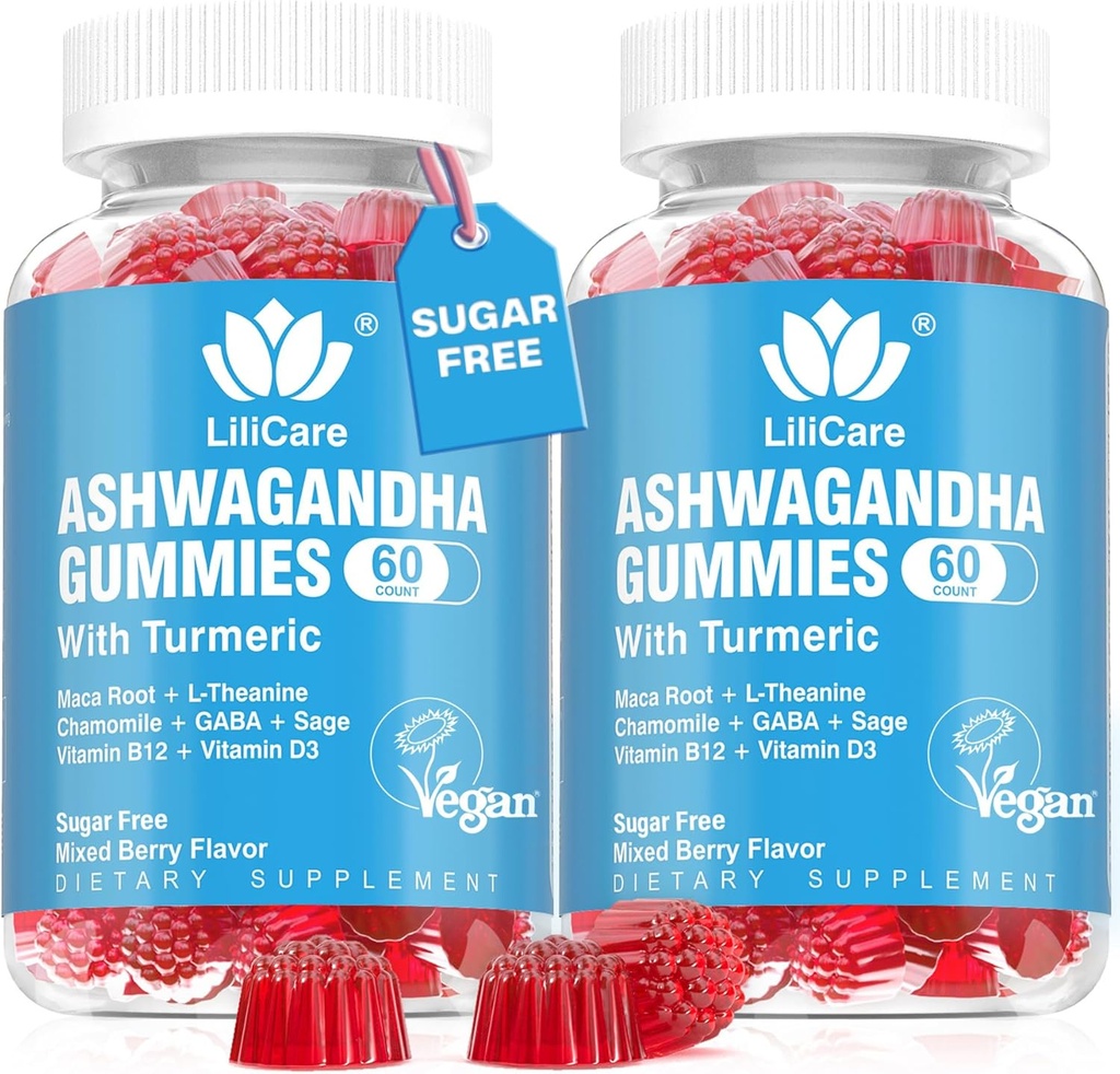 Ashwagandha Gummies 2000mg για γυναίκες Άνδρες - Χωρίς ζάχαρη, Vegan - Βιολογικό εκχύλισμα ρίζας Ashwagandha Συμπληρώματα Gummy & Βιταμίνη D3, B12 και Turmeric, Προώθηση χαλάρωσης, μικτή γεύση μούρου, 120 Count