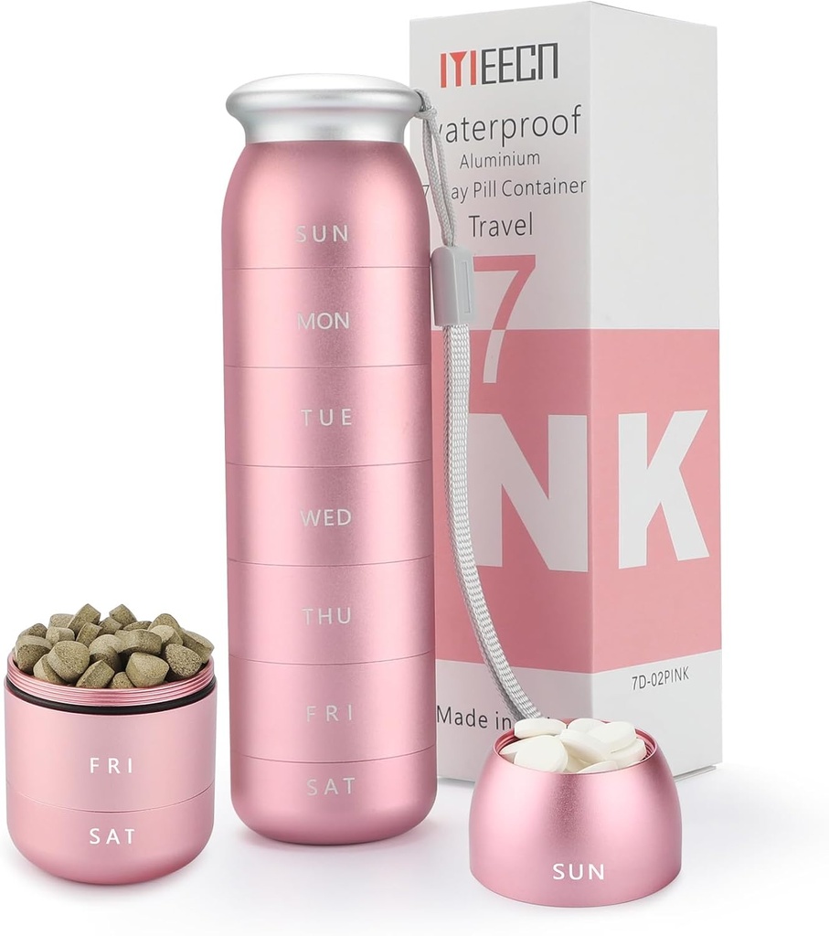 Weekly Pill Organizer, Portable Travel 7 Day, Waterproof Container, Large, Aluminum, Metal, Hold Vitamins, Cod Liver Oil, Supplements and Medications (Pink)