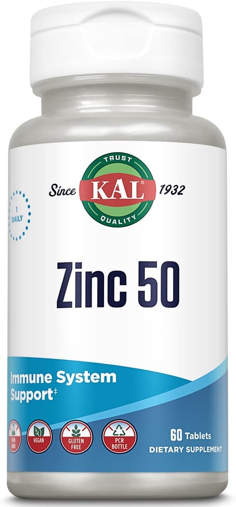 KAL Zinc 50mg Hydroxy Acid Complex, Healthy Μεταβολισμός και ανοσοποιητικό συμπλήρωμα υποστήριξης με Οροτικό ψευδάργυρο, Κιτρικό ψευδάργυρο, Ενισχυμένη Απορρόφηση w/ ActiSorb, Vegan, Χωρίς Γλουτένη, Μη- ΓΤΟ, 60 Serv, 60 δισκία