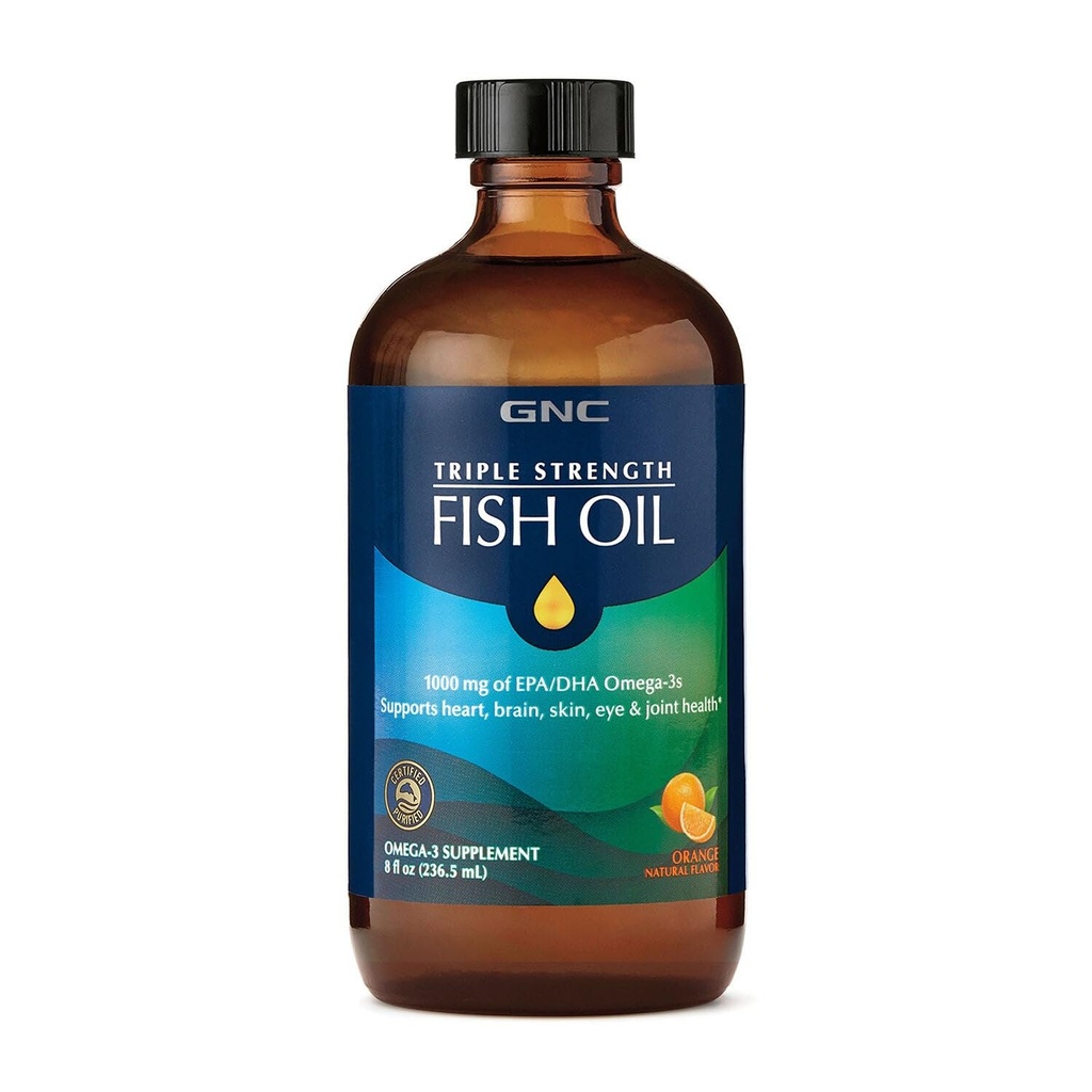 GNC Triple Strength Fish Oil Liquid Supplement, Wild Deep Ocean Caught. with 1000mg EPA DHA Omega 3s, for, Heart, Brain, Skin, Eye, Joint Health, Natural Orange Flavor, 8 Fl Oz, 47 Servings