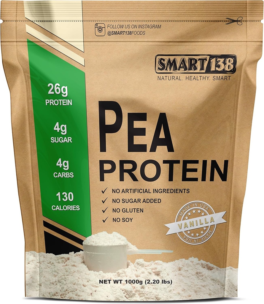 Smart138 Πρωτεΐνη βανίλιας, Ultra-Fine Powder, Vegan, Χωρίς γλουτένη, Χωρίς σόγια, Χωρίς γαλακτοκομικά, Μη-ΓΤΟ, ΗΠΑ/Καναδάς, Κέτο (χαμηλό Carb), Φυσικό BCAAs (1000g / 2.2lbs, Βανίλια)