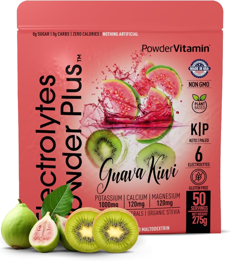 Σκόνη Vitamin Ηλεκτρολυτές σκόνη Plus (50 εξυπηρετούν) Guava Kiwi Ηλεκτρολυτική σκόνη Zero Calorie Keto, 0 Ζάχαρη, Όχι Μαλτοδεξτρίνη, 1000mg Κάλιο,120mg Ασβέστιο,120mg Μαγνήσιο, Ενυδάτωση Powde