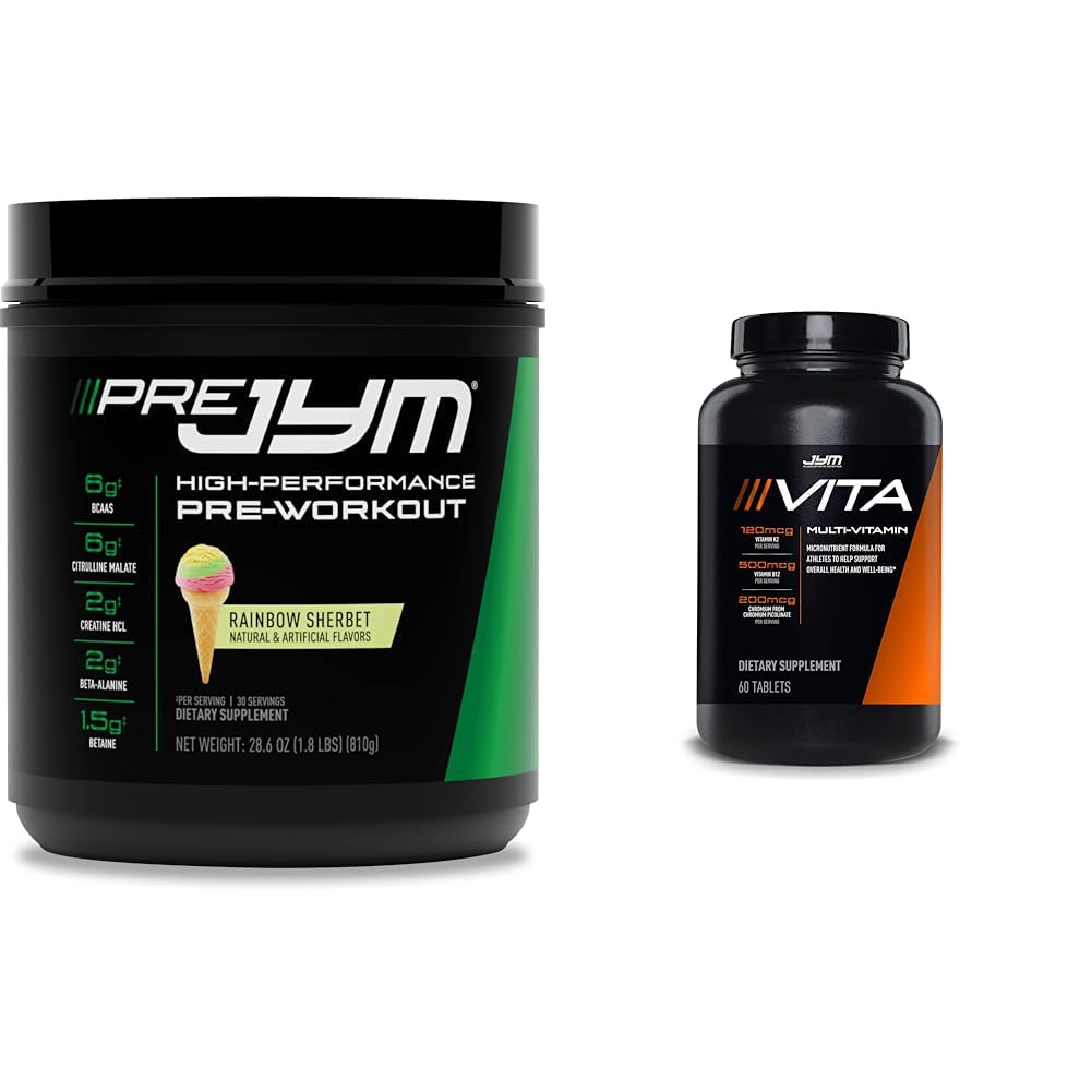 JYM Supplement Science Pre Jym Rainbow Sherbet Pre-Workout, 30 υπηρεσίες & Vita JYM Πολυβιταμίνη για αθλητές, 60 δισκία Bundle