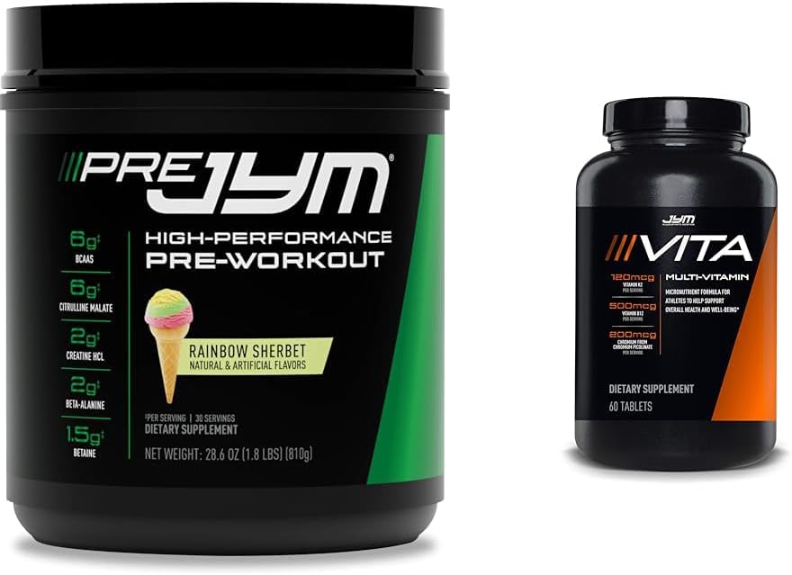 JYM Supplement Science Pre Jym Rainbow Sherbet Pre-Workout, 30 υπηρεσίες & Vita JYM Πολυβιταμίνη για αθλητές, 60 δισκία Bundle