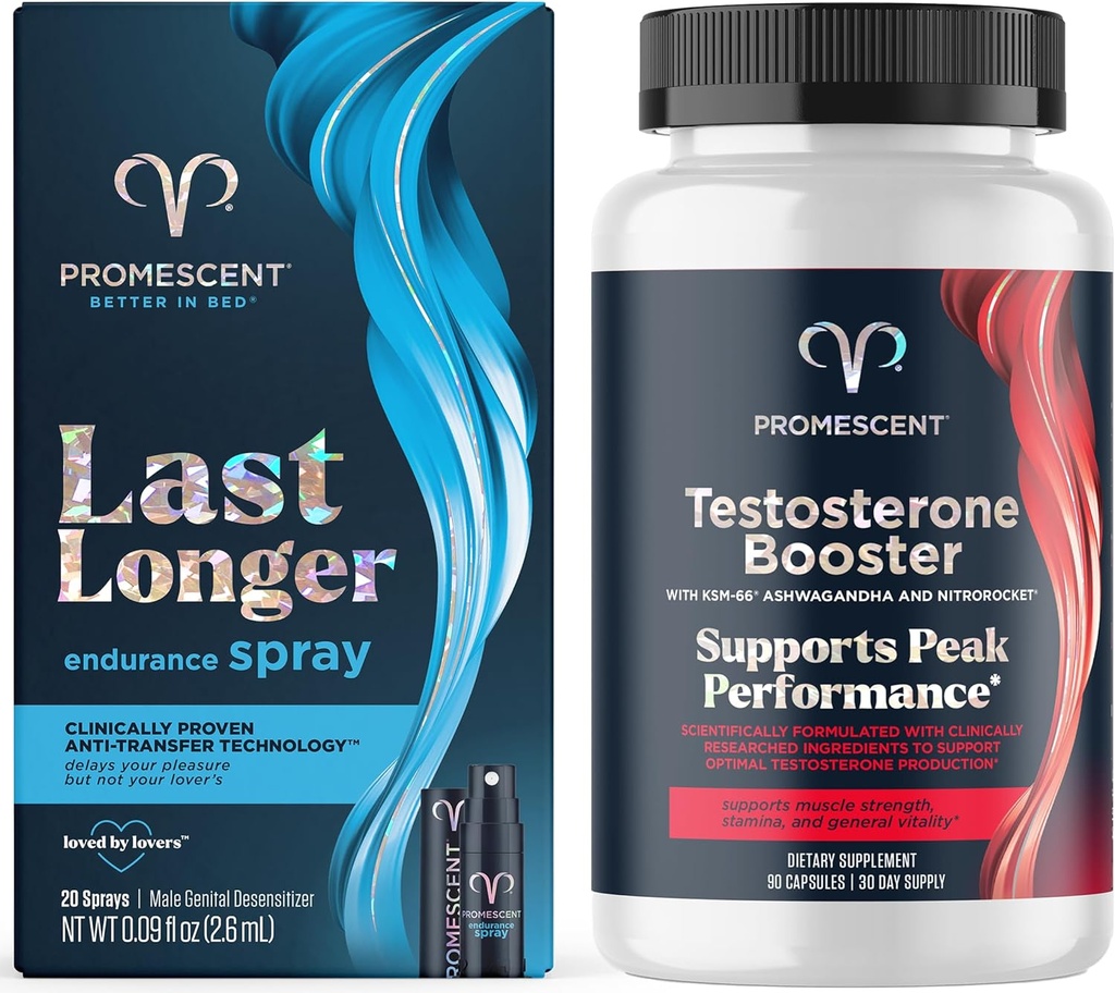 Promescent Delay Spray for Him (2.6ml) + Testosterone Booster for Men Supplement with Tongkat Ali (LongJack), KSM-66 Ashwagandha, Horny Goat Weed