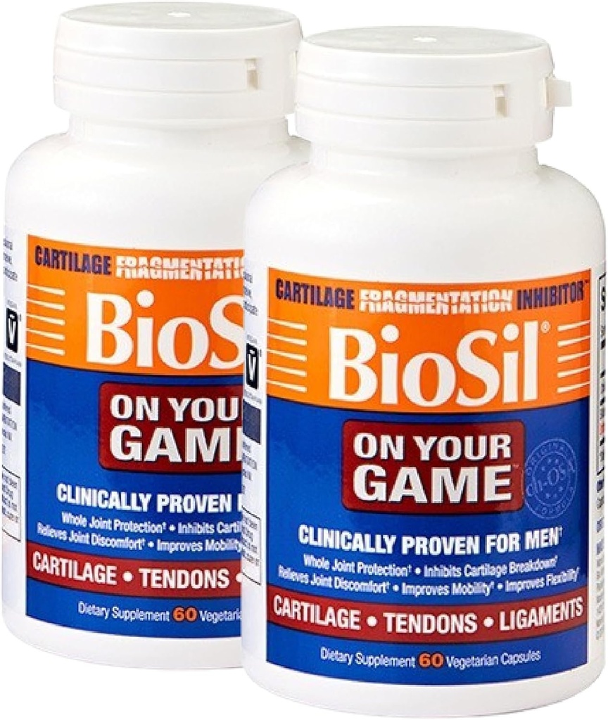 Biosil On Your Game - 60 κάψουλες Veggie, Συσκευασία των 2 - με πατέντα ch-OSA Complex - Αυξήστε την παραγωγή κολλαγόνου για κοινή ανακούφιση του πόνου, ευελιξία και εύρος κίνησης - GMO Δωρεάν - 60 ημερών προσφοράς