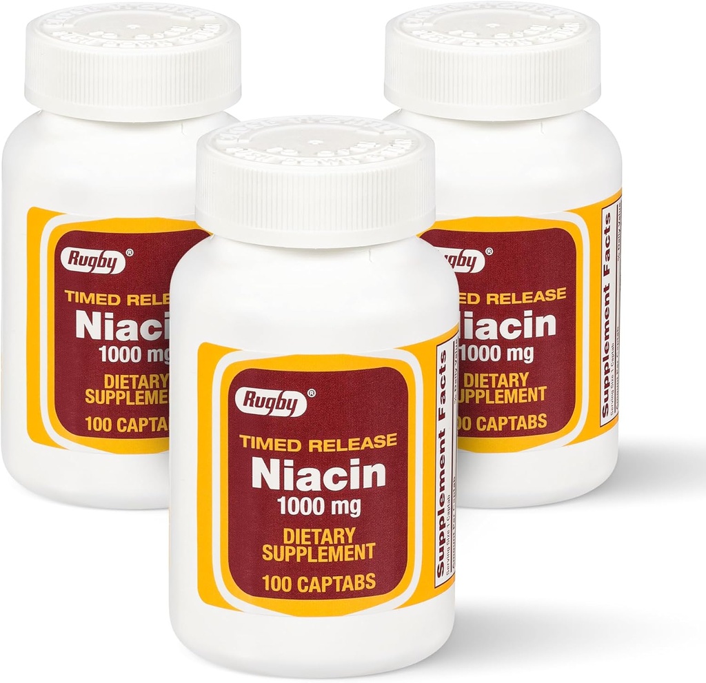 Rugby Timed-Release Niacin 1000mg Συμπλήρωμα διατροφής για ενήλικες για την ενέργεια, την κυκλοφορία και την υποστήριξη του μεταβολισμού, 100 Captabs (πακέτο των 3)