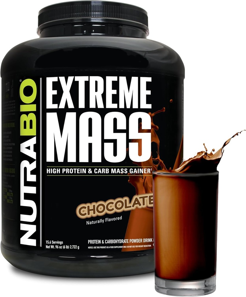 NutraBio Extreme Mass Gainer Protein Powder, 53G Protein, Καθαρό Κερδιστή βάρους, Αύξηση της μυϊκής μάζας, Full Spectrum Amino Acid - Σοκολάτα, 6 λίρες