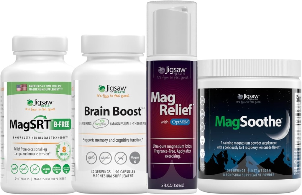 Jigsaw Health Ultimate B-free Magnesium B B- Free (B- Free), 240 δισκία, Brain Boost, 90 κάψουλες, MagRelif, 5 ουγγιά (Lotion), και MagSoothe (Raspberry Lemonade), 60 εξυπηρετούν (Jar)