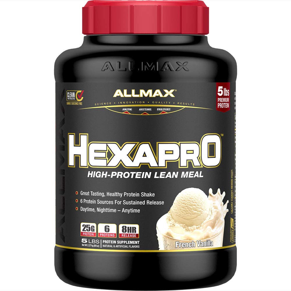 ALLMAX Διατροφή HEXAPRO, Γαλλική Βανίλια - 5 λίβρες - 25 γραμμάρια πρωτεΐνης ανά υπηρεσία - 8 ώρες διαρκής απελευθέρωση - Zero ζάχαρη - 52 εξυπηρετούν
