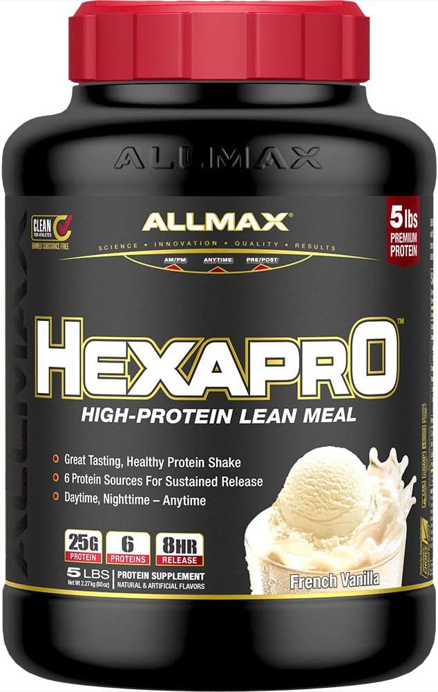 ALLMAX Διατροφή HEXAPRO, Γαλλική Βανίλια - 5 λίβρες - 25 γραμμάρια πρωτεΐνης ανά υπηρεσία - 8 ώρες διαρκής απελευθέρωση - Zero ζάχαρη - 52 εξυπηρετούν