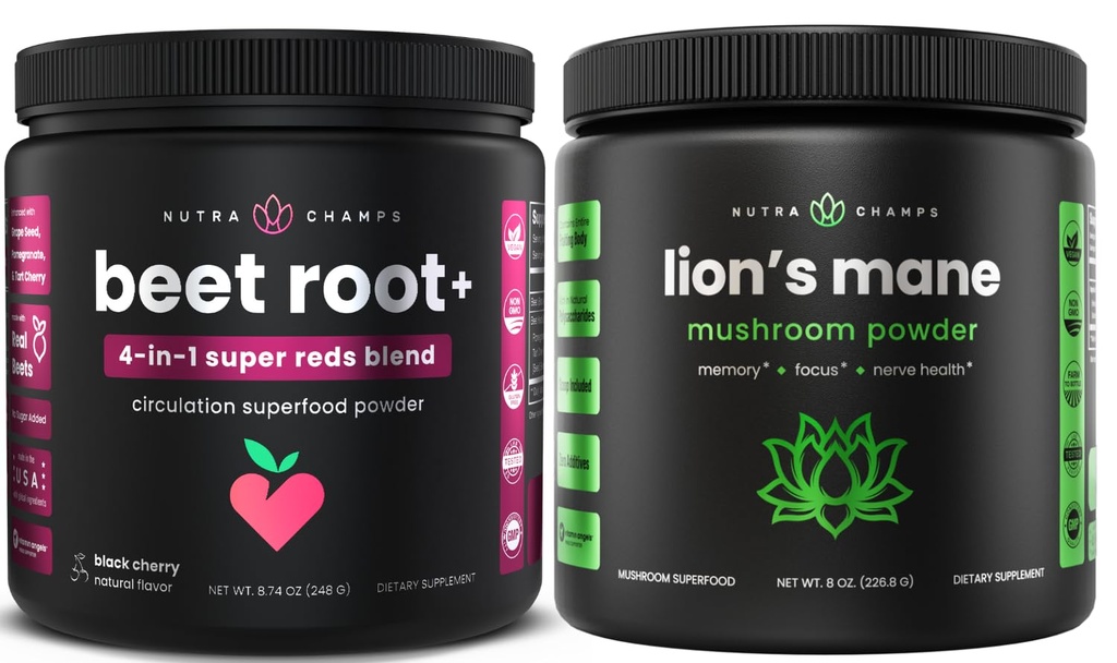 NutraChamps Beet Root Powder & Lion's Mane Powder. Ισχυρές ενώσεις κυκλωμάτων & προσαρμογών