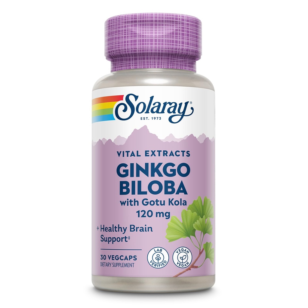 SOLARAY Ginkgo Biloba Extract with Gotu Kola - Κάψουλες Ginko Biloba για την υποστήριξη της υγείας του εγκεφάλου - Vegan, Εργαστήριο Επαληθευμένο, 60 ημερών εγγύηση - 60 εξυπηρετούν, 60 VegCaps (30 VegCaps)