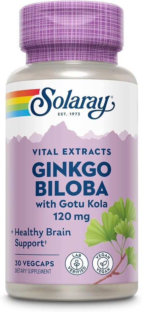 SOLARAY Ginkgo Biloba Extract with Gotu Kola - Κάψουλες Ginko Biloba για την υποστήριξη της υγείας του εγκεφάλου - Vegan, Εργαστήριο Επαληθευμένο, 60 ημερών εγγύηση - 60 εξυπηρετούν, 60 VegCaps (30 VegCaps)