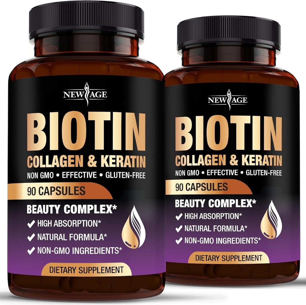 NEW AGE Biotin Collagen Keratin Hyaluronic Acid - 50.000mcg Βιταμίνες για την ανάπτυξη των μαλλιών για άνδρες και γυναίκες, νύχια, μαλλιά, βιταμίνες του δέρματος και DHT Blocker με βιταμίνη Ε Folic Acid Κολοκύθα Σπόροι MSM- 180 Count