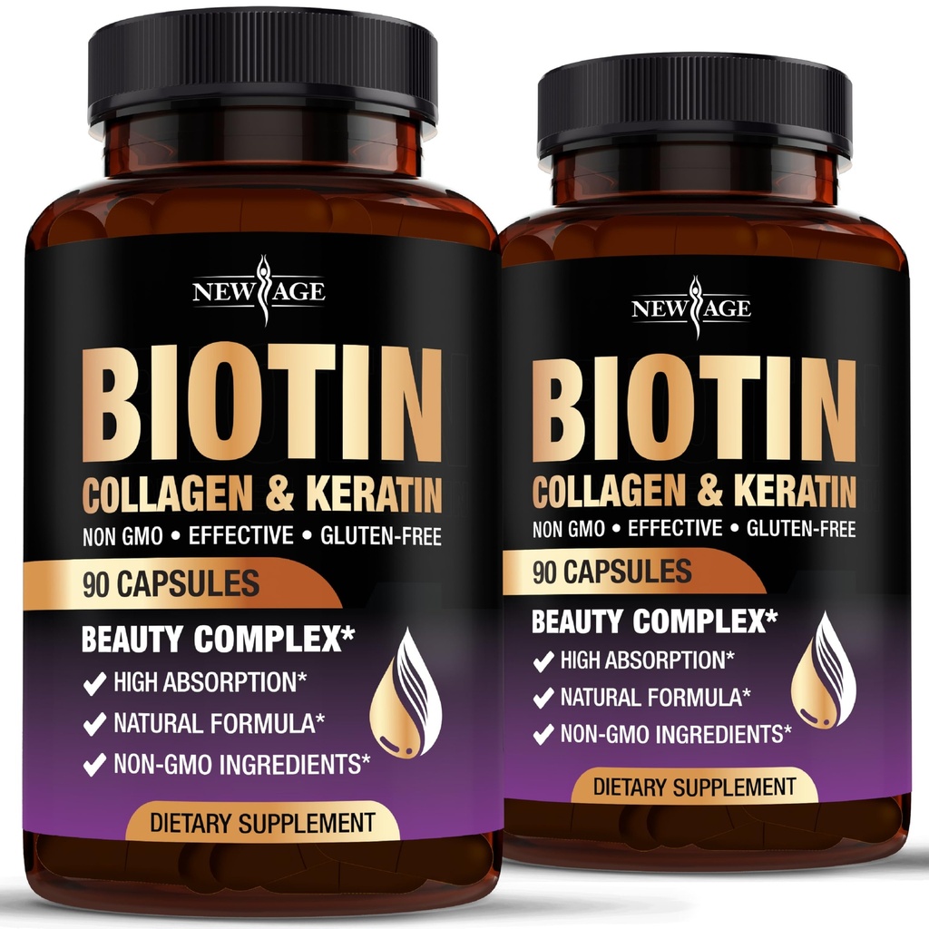 NEW AGE Biotin Collagen Keratin Hyaluronic Acid - 50.000mcg Βιταμίνες για την ανάπτυξη των μαλλιών για άνδρες και γυναίκες, νύχια, μαλλιά, βιταμίνες του δέρματος και DHT Blocker με βιταμίνη Ε Folic Acid Κολοκύθα Σπόροι MSM- 180 Count