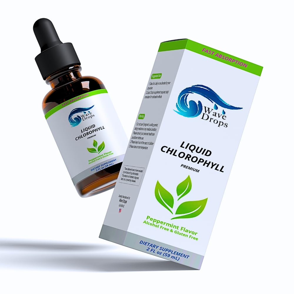 Liquid Chlorophyll Premium Drops – Peppermint Flavor, Alcohol Free & Gluten Free Dietary Supplement – 2 Fl Oz (59ml)