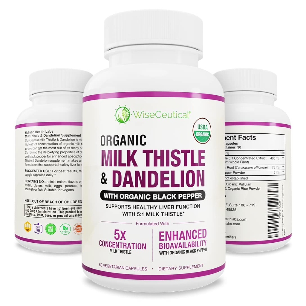 Max Απορρόφηση USDA Organic Milk Thittle Poent 5:1 Συμπυκνωμένο εκχύλισμα (δύναμη 2000mg) & Organic Dandelion Root 