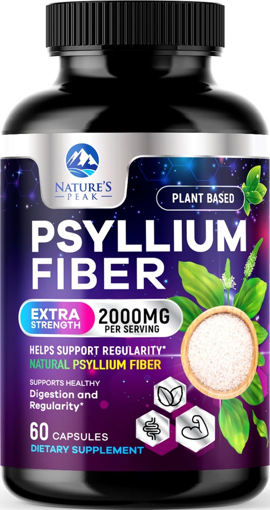 Psyllium Husk Fiber Supplement 1500mg - Vegan Prebiotic, Soluble Fiber for Daily Digestive Health & Regularity Support, Natural Psyllium Powder Caps, Sugar-Free, Non-GMO & Gluten-Free - 60 Κάψουλες