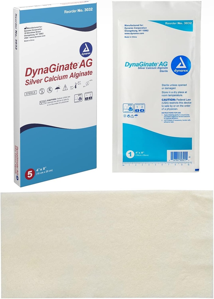 Dynarex Dynaginate AG Silver Calcium Alginate Dressings - 4"x8", Αλγινικό ασβέστιο Dressing with Silver Ions, 1 Case of 50 Dynaginate AG Dressings - 4"x8" - 1 Box of 5