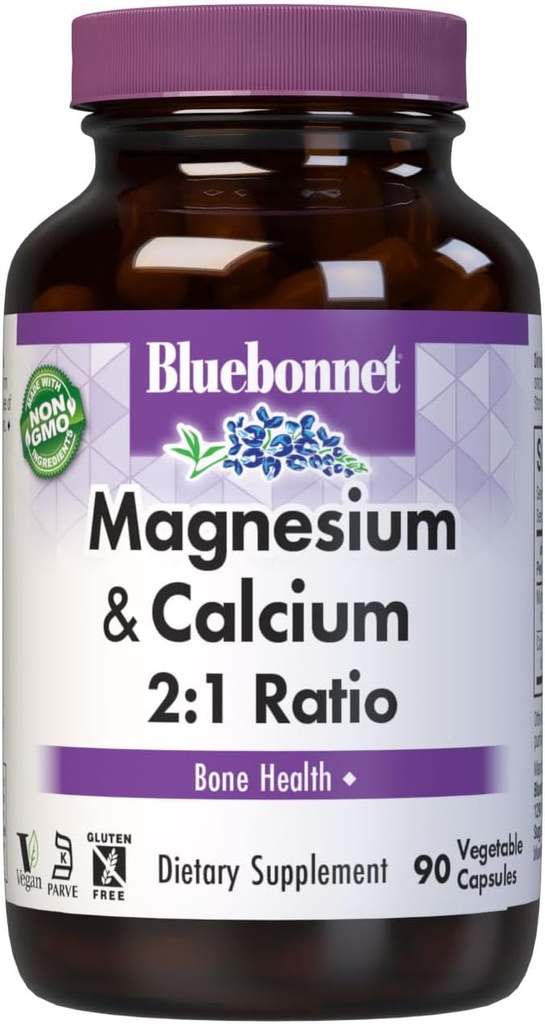 Bluebonnet Nutrition Magnesium & Calcium 2:1 Ratio, Bone Health*, Non-GMO, Vegan, Kosher Certified, Gluten-Free, Soy-Free, Dairy-Free, 90 Vegetable Capsules, 30 Servings