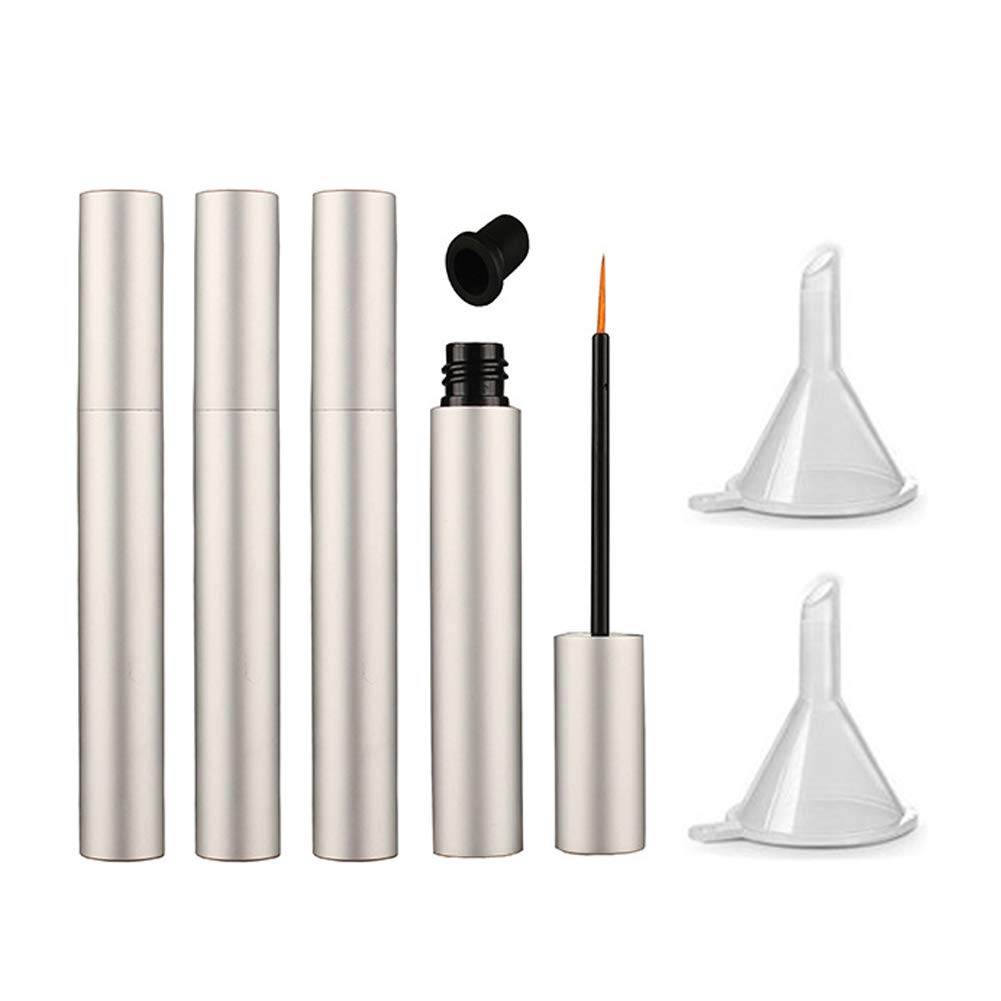 lasenersm 4 Τεμάχια 5ml Αλουμίνιο Empty Eyeliner Σωλήνες επαναπλήρωσης της ανάπτυξης των βλεφαρίδων Υγρό μπουκάλι Πλαστικό Eyeliner Φιαλίδια Σωλήνας με Βούρτσα Ελαιόλαδο ανάπτυξης των βλεφαρίδων Mascara Σωλήνας με 2 Mini Funnels, Matte-Silver