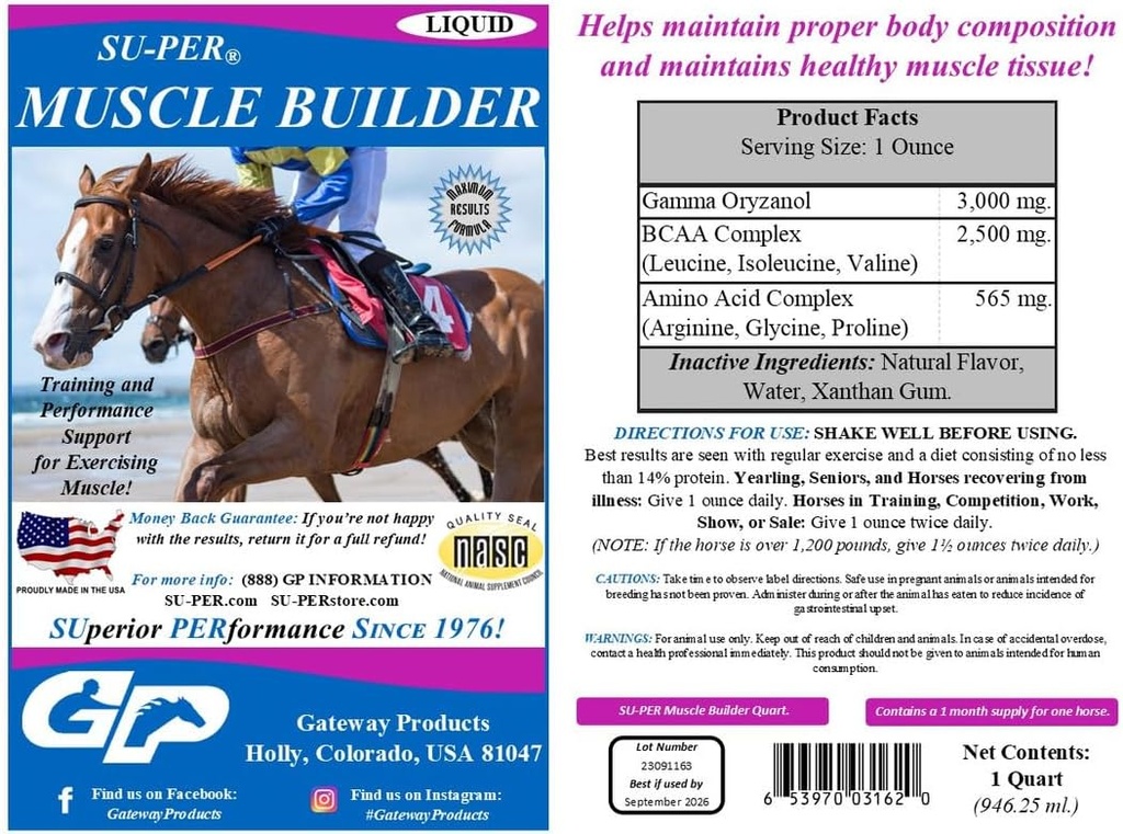 SU-PER Muscle Builder Horse Supplement - Εκπαίδευση και υποστήριξη απόδοσης για την άσκηση μυών - 1 Gallon + αντλία