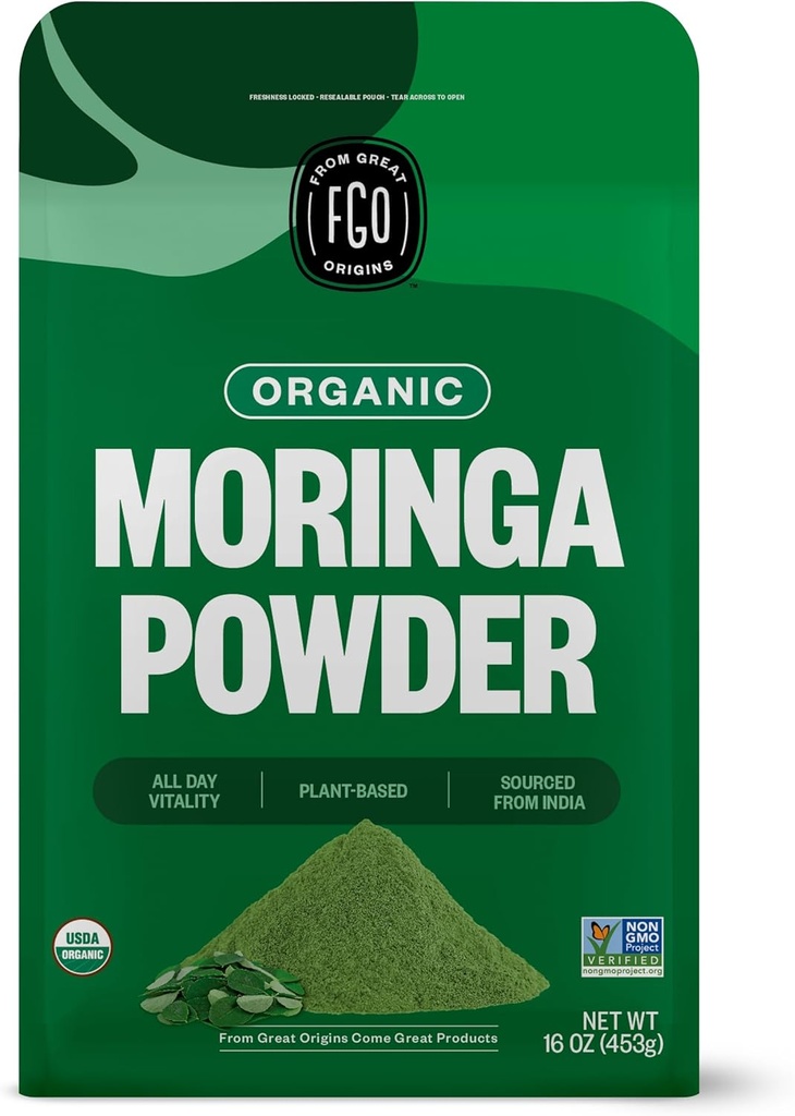 FGO Organic Moringa Oleifera Leaf Powder, 16oz χύμα επαναχρησιμοποιήσιμος σάκος, που προέρχεται από την Ινδία, μη ΓΤΟ, συσκευασία μπορεί Vary (πακέτο του 1)