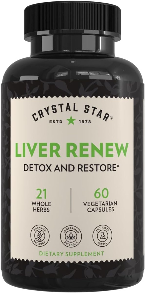Crystal Star Liver Renew, 60 κάψουλες, φυτικό συμπλήρωμα καθαρισμού ήπατος που υποστηρίζει τη φυσιολογική λειτουργία του ήπατος & προωθεί την απελευθέρωση τοξίνης - γαϊδουράγκαθο γάλακτος, μη ΓΤΟ