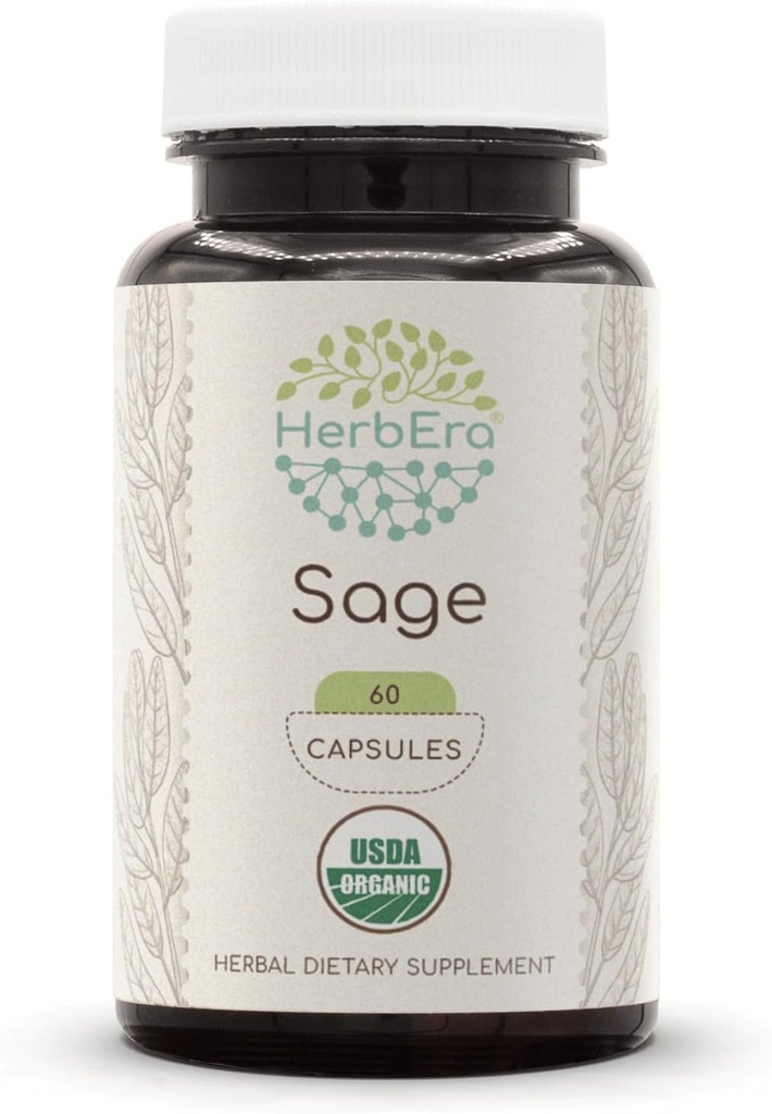 HerbEra Sage 60 Κάψουλες, 500 mg, USDA Organic Sage (Salvia officinalis) Αποξηραμένο Φύλλο (60 Κάψουλες)