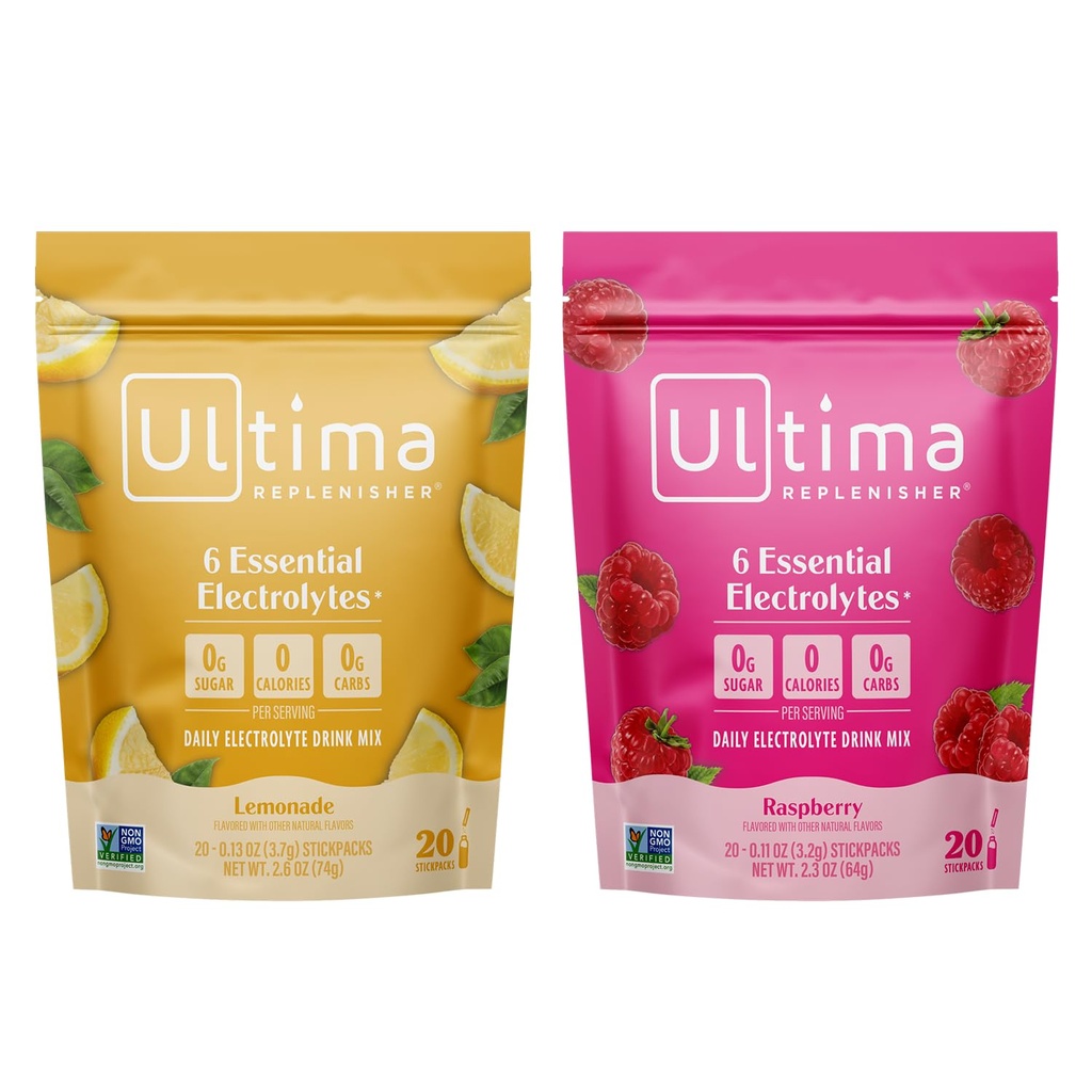 Ultima Replenisher Ηλεκτρολυτικό Ποτό σε σκόνη Mix Bundle – Χωρίς ζάχαρη – Λεμονάδα και Βατόμουρο, 20 Stickpacks – 6 Ηλεκτρολύτες και Ορυκτά – Κετοφιλικό, Vegan, Μη ΓΤΟ